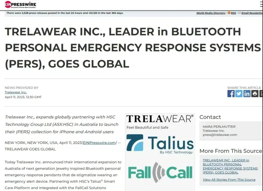 Trelawear Inc., Leader in Bluetooth Personal Emergency Response Systems (PERS), Goes Global